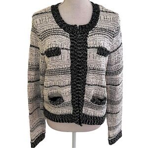INC International Concepts Black/ Cream/Grey Stripe Lady Cardigan Sweater